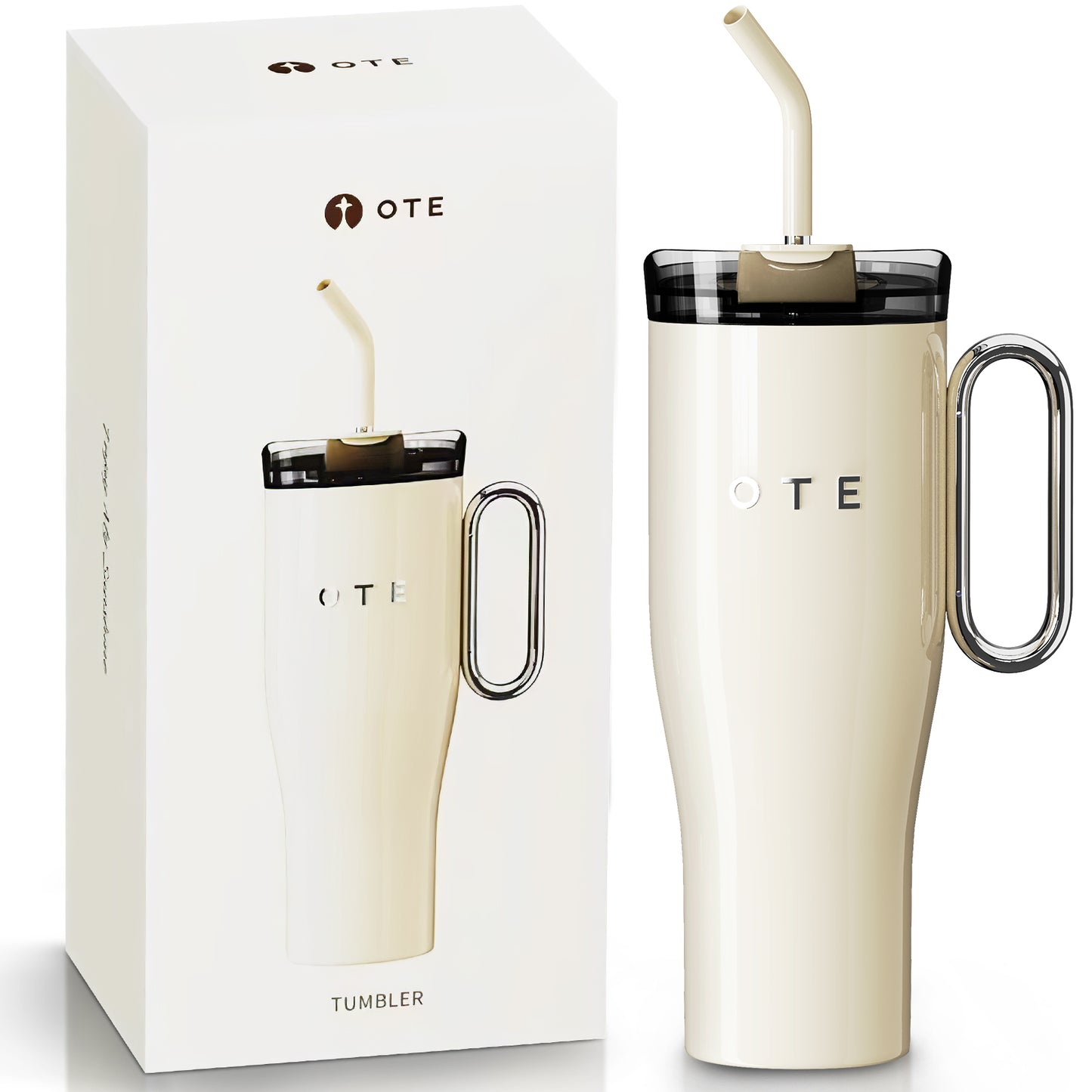 OTE1.2 L (42 oz) Tasse à café à emporter, tasse isotherme à double paroi en acier avec poignée et paille, sans BPA, gobelet de voiture portable, tasse thermique, tasse à café pour boissons chaudes et froides